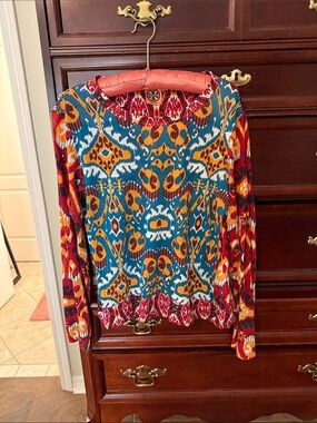 Tory Burch Multicolor Ikat-Print Long Sleeve Top - Teal, Red & Mustard